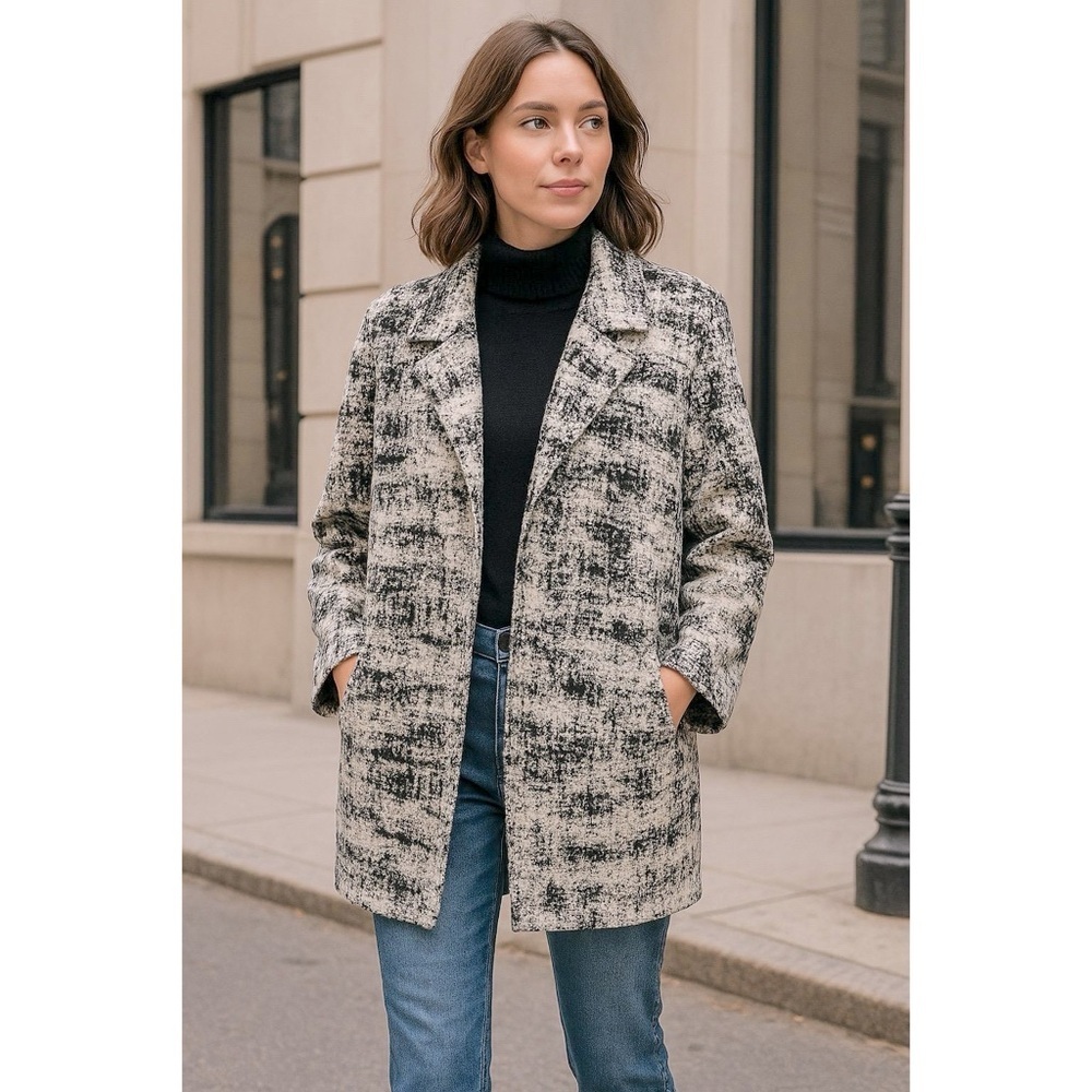 Ivanka Trump Womens Black White Tweed Open Front Coat City Chic Fall Layering M‎